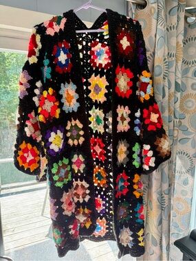 Handmade Multicolor Crochet Granny Square Cardigan - Black Base